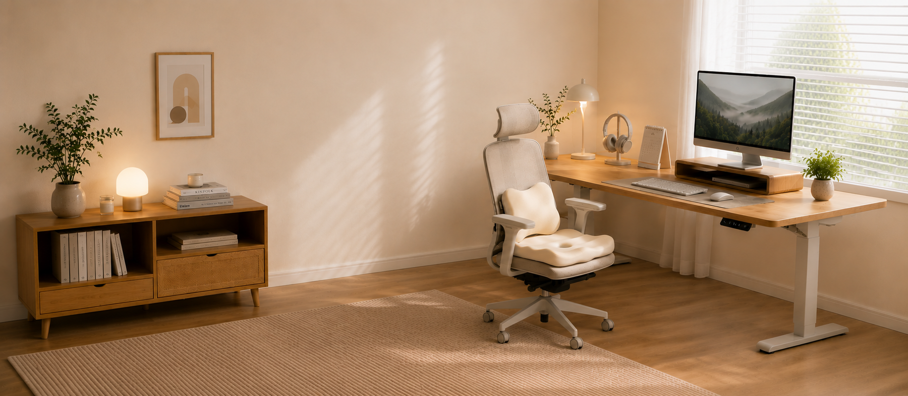 Calm home office workspace, morning light